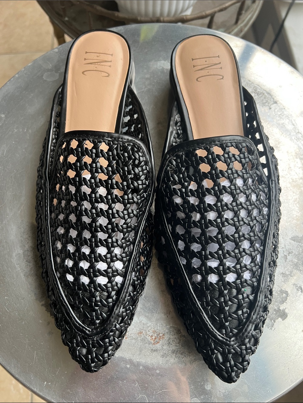INC International Concepts Black Woven Pointed-Toe Mule Slides